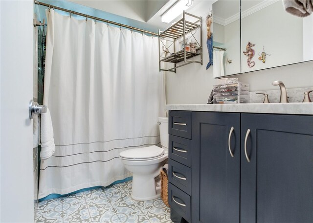 bathroom with toilet, tile patterned floors, ornamental molding, vanity, and a shower with curtain