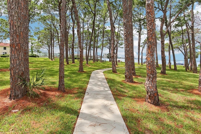 view of home's community featuring a lawn and a water view