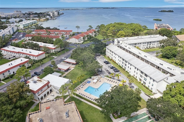 birds eye view of property featuring a water view