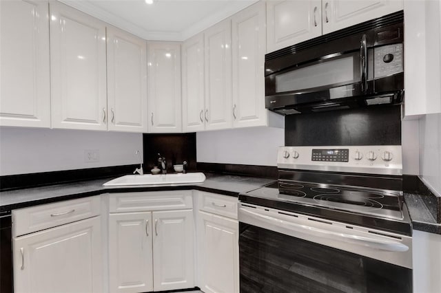 kitchen with sink, white cabinetry, and stainless steel range with electric stovetop