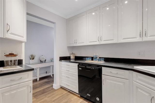 kitchen featuring dishwasher, ornamental molding, white cabinetry, and light hardwood / wood-style flooring