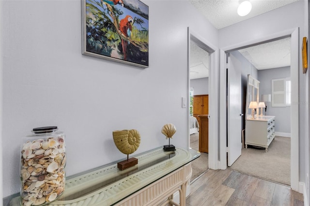 hallway with a textured ceiling and light hardwood / wood-style floors