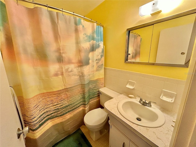 full bathroom featuring backsplash, tile patterned floors, toilet, shower / tub combo, and vanity