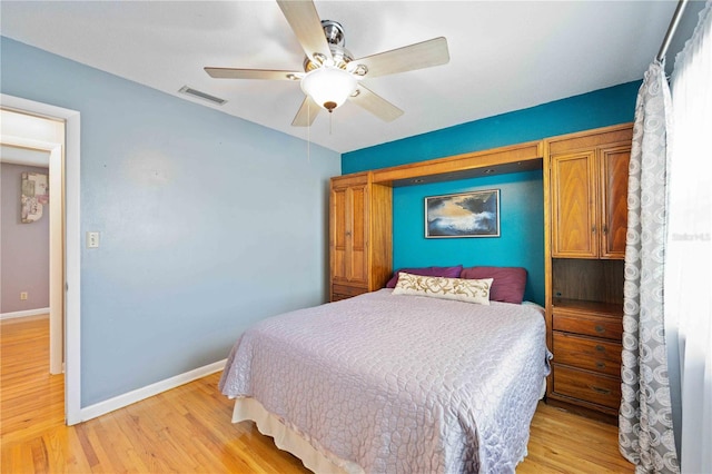 bedroom featuring ceiling fan and light wood-type flooring