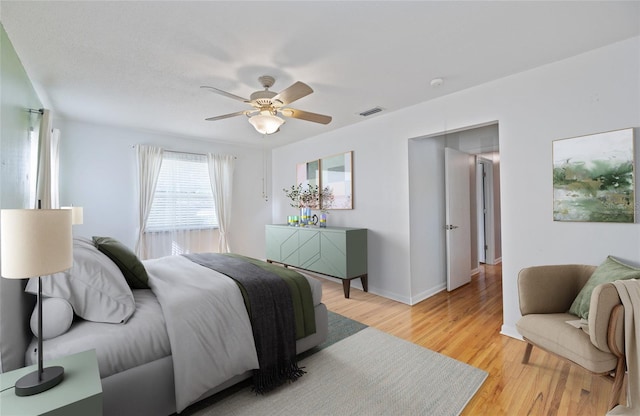 bedroom with ceiling fan and light hardwood / wood-style floors