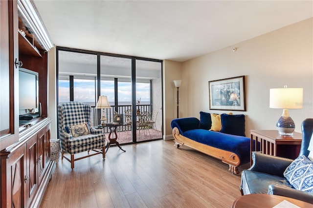 living room with light wood-type flooring and expansive windows