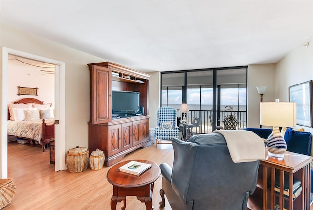 living room featuring a wall of windows, plenty of natural light, and light hardwood / wood-style floors