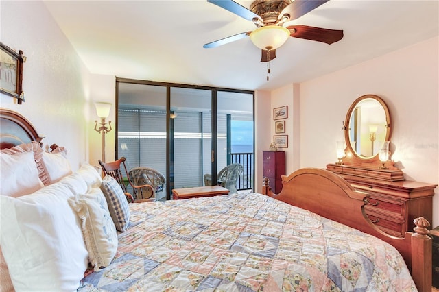 bedroom featuring ceiling fan and access to outside