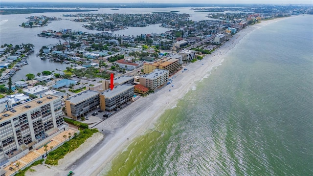 aerial view featuring a beach view and a water view