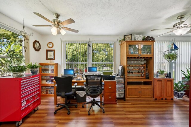 office space with dark wood-type flooring, a wealth of natural light, and ceiling fan