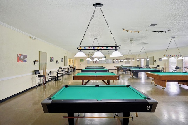 rec room with a textured ceiling, billiards, concrete flooring, and lofted ceiling