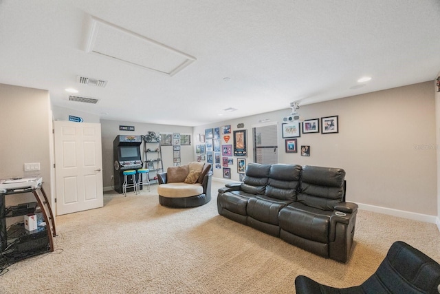 living room featuring light colored carpet