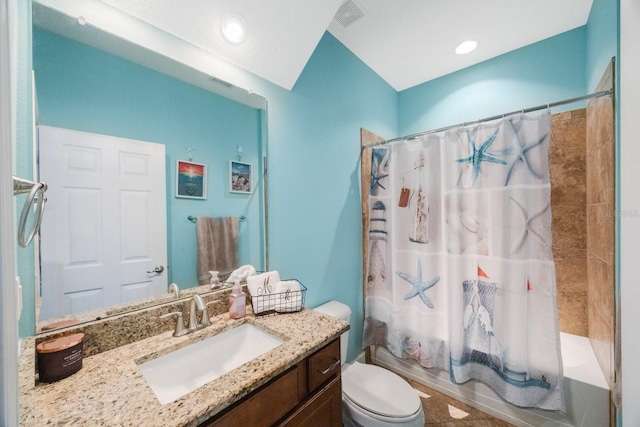 full bathroom featuring vanity, toilet, and shower / bathtub combination with curtain