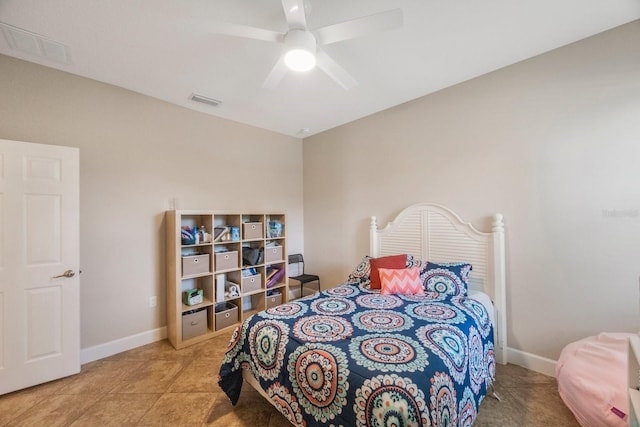 bedroom with light tile patterned flooring and ceiling fan