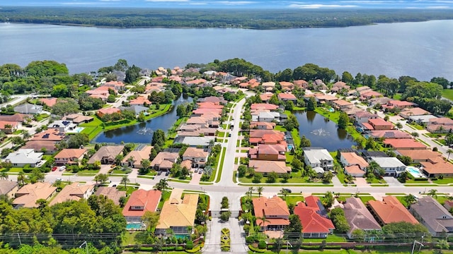 drone / aerial view featuring a water view