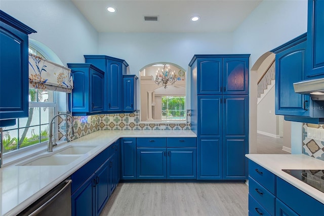 kitchen with visible vents, a sink, tasteful backsplash, stainless steel dishwasher, and light countertops