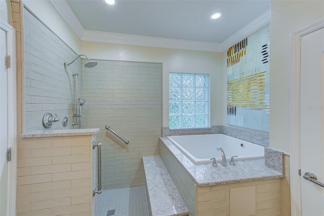 full bath featuring a bath, recessed lighting, a stall shower, and ornamental molding