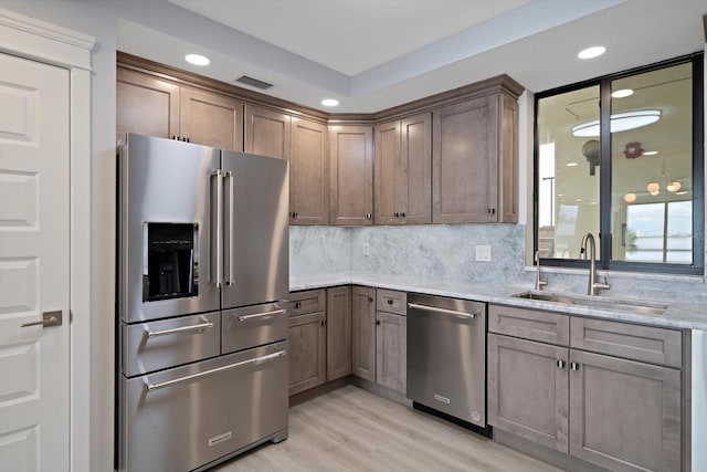 kitchen with stainless steel appliances, sink, decorative backsplash, light stone counters, and light wood-type flooring