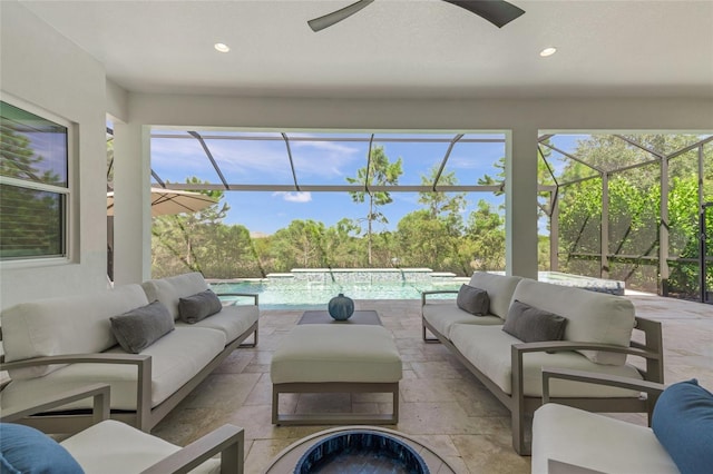 interior space with pool water feature, an outdoor living space, and a lanai