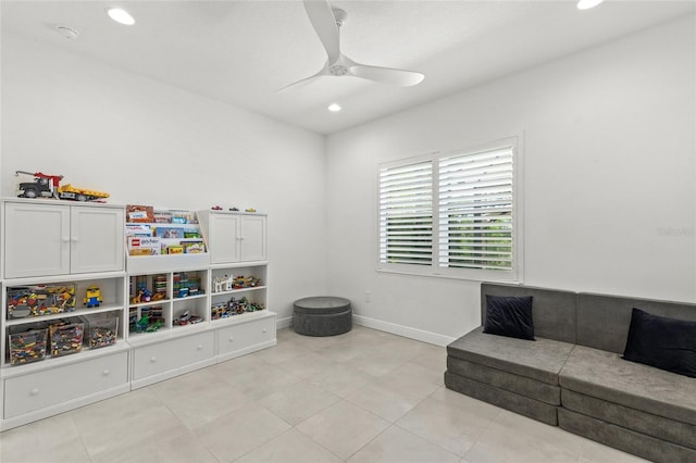 interior space featuring ceiling fan