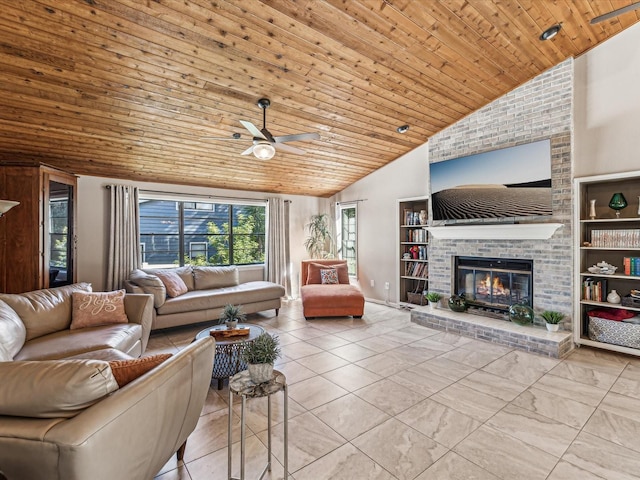 living room featuring ceiling fan, a fireplace, wood ceiling, and high vaulted ceiling