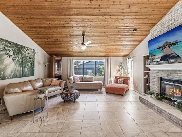 living room with built in shelves, vaulted ceiling, wood ceiling, and a brick fireplace