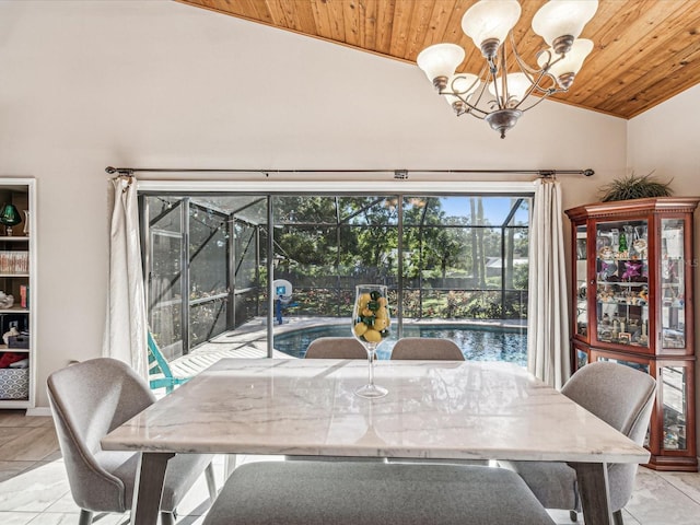 dining space with wooden ceiling, light tile patterned floors, a notable chandelier, and vaulted ceiling