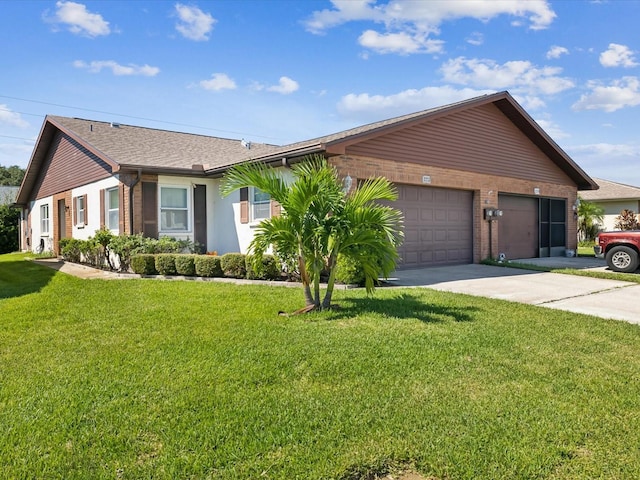 single story home featuring a garage and a front yard