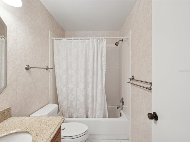 full bathroom featuring vanity, tile patterned flooring, toilet, and shower / bathtub combination with curtain