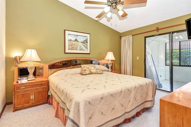 carpeted bedroom with ceiling fan, access to exterior, and vaulted ceiling