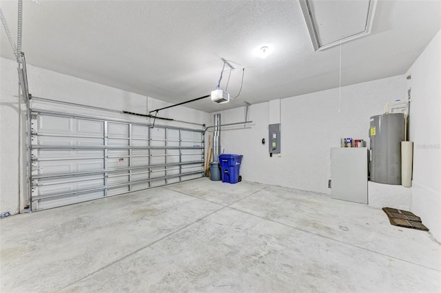 garage with a garage door opener, electric panel, and water heater