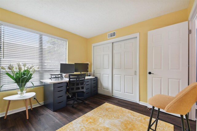 office with dark wood-type flooring