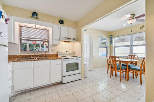 kitchen with electric range, a healthy amount of sunlight, white cabinetry, and sink