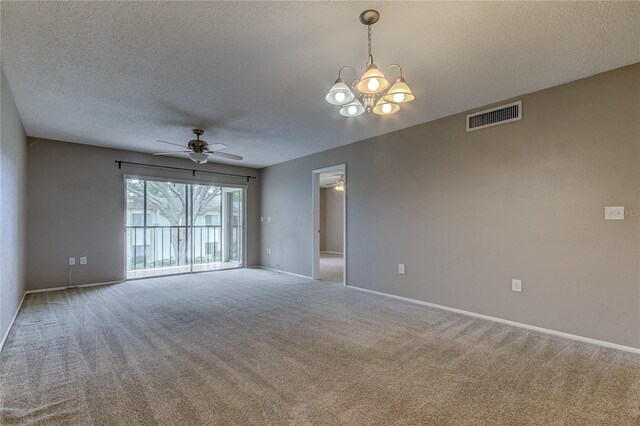 unfurnished room with carpet flooring, ceiling fan with notable chandelier, and a textured ceiling