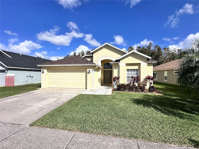 ranch-style house with a front yard, a shingled roof, stucco siding, concrete driveway, and a garage