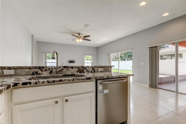 kitchen with ceiling fan, white cabinets, a wealth of natural light, and stainless steel dishwasher