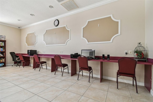 office with built in desk, a textured ceiling, light tile patterned floors, and crown molding