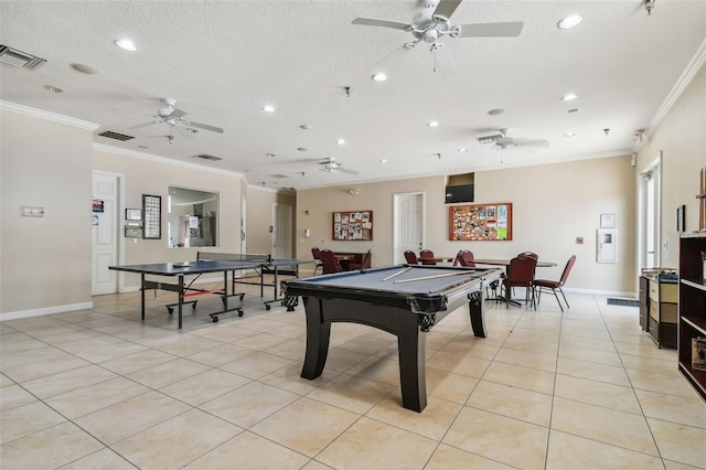 playroom featuring ceiling fan and crown molding