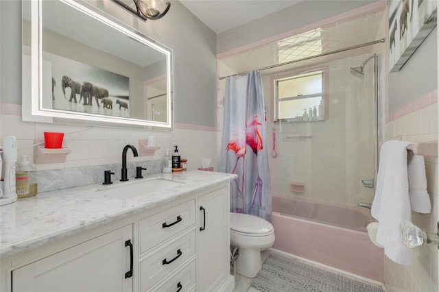 full bathroom with vanity, backsplash, tile walls, toilet, and shower / bathtub combination with curtain