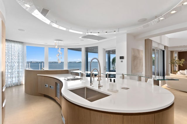 kitchen with a large island with sink, sink, a water view, and a healthy amount of sunlight