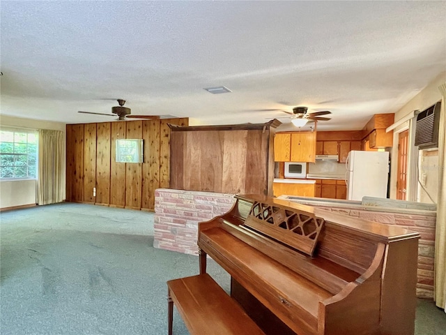 misc room featuring ceiling fan, wood walls, a textured ceiling, and light colored carpet