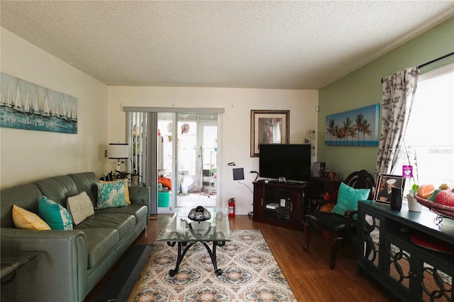 living room with a textured ceiling and dark hardwood / wood-style floors