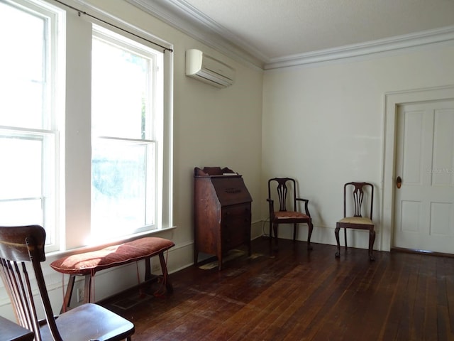 living area featuring a wall mounted AC, dark hardwood / wood-style flooring, and ornamental molding