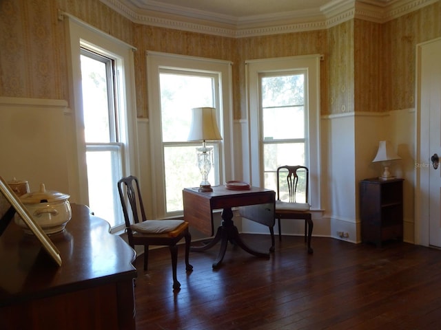 dining space featuring plenty of natural light, dark hardwood / wood-style floors, and ornamental molding