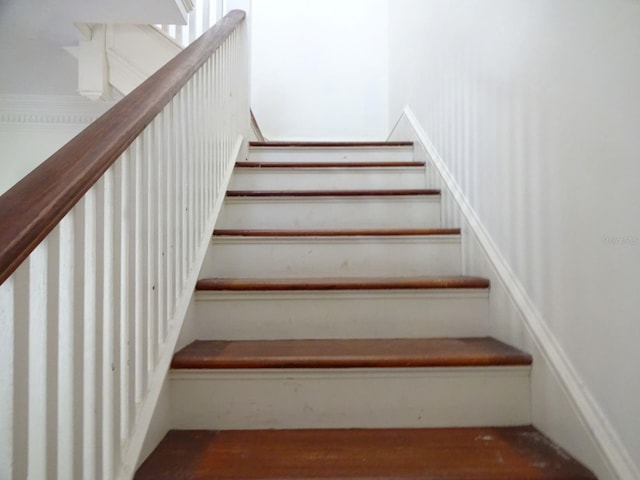 stairway with hardwood / wood-style floors