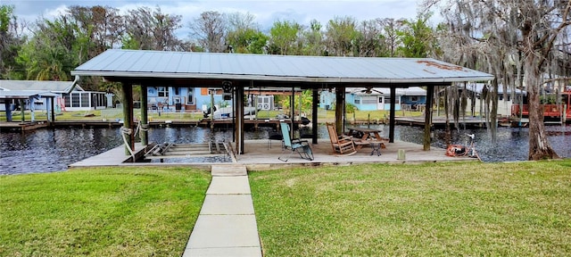 view of dock featuring a water view and a lawn