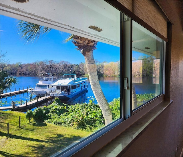 interior space with a water view