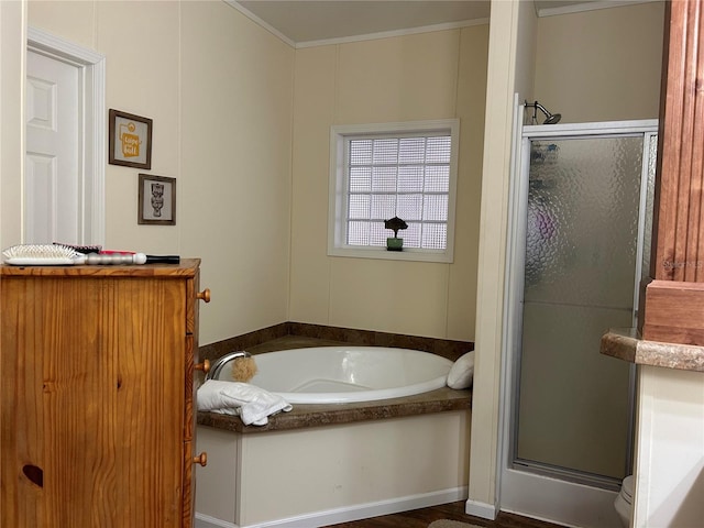 bathroom with toilet, separate shower and tub, wood-type flooring, and crown molding