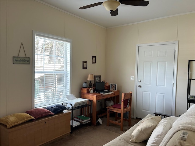 carpeted office space with ceiling fan