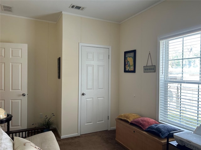 bedroom with dark colored carpet